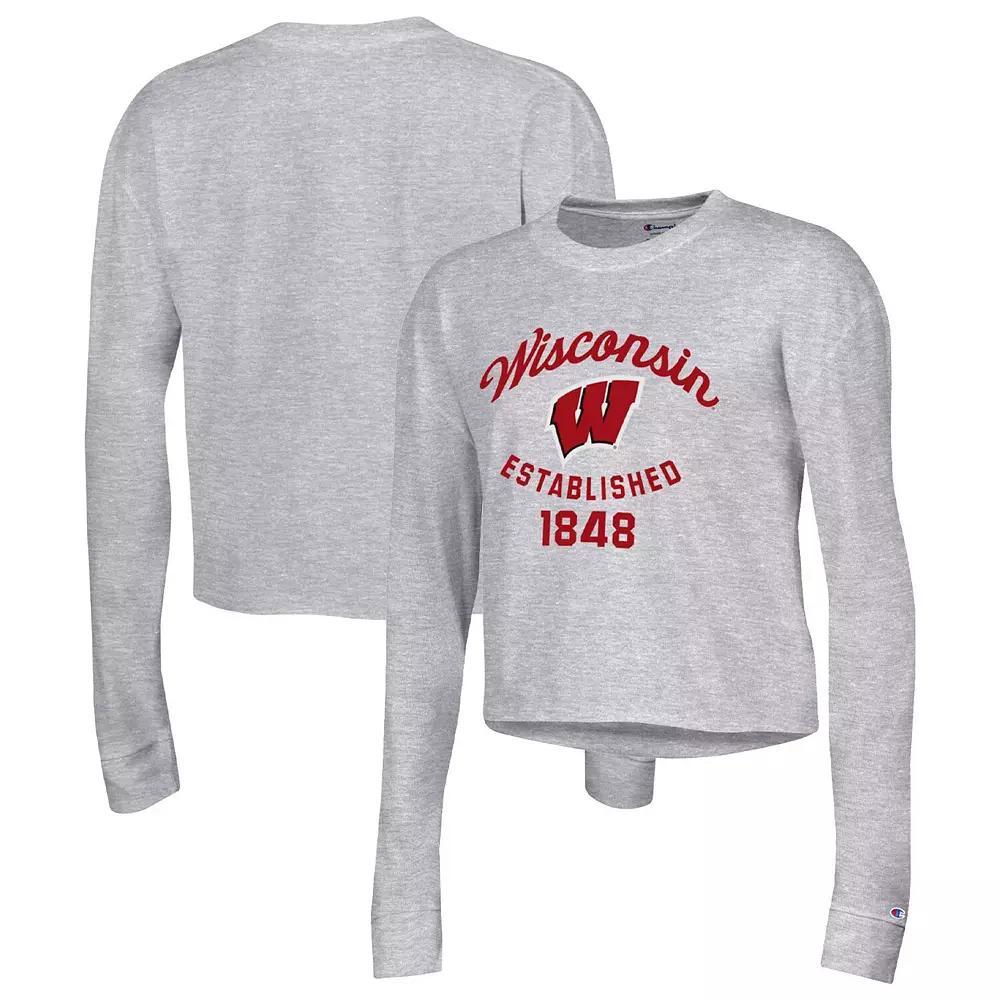 Women's Champion Gray Wisconsin Badgers Boyfriend Cropped Long Sleeve T-Shirt,  Product Image