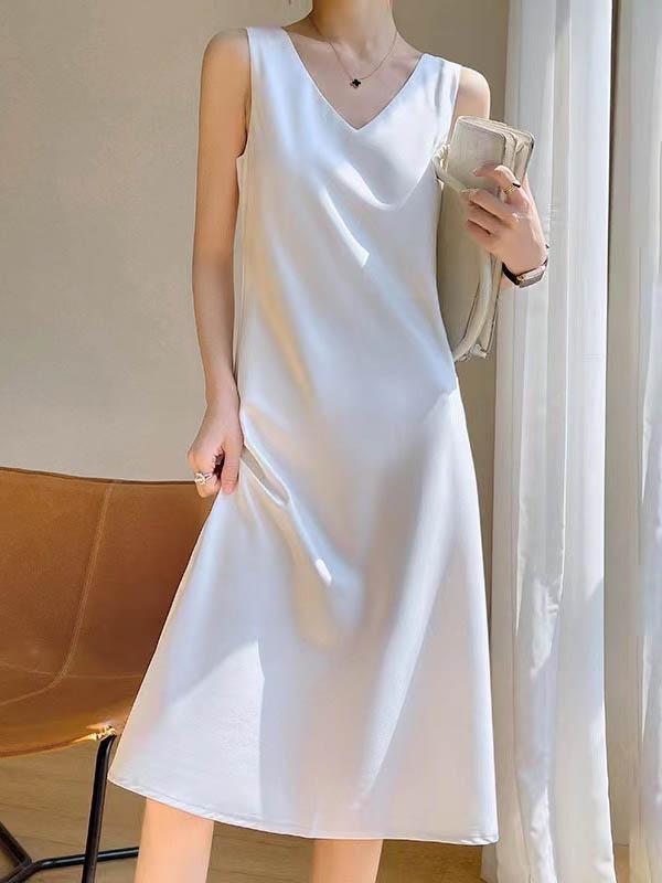 A-Line Loose Solid Color V-Neck Midi Dresses Product Image