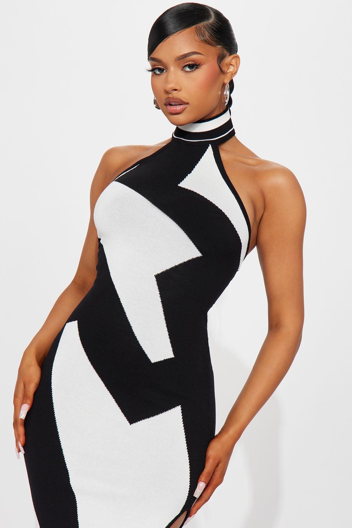 Abstract Halter Maxi Dress - Black/White Product Image