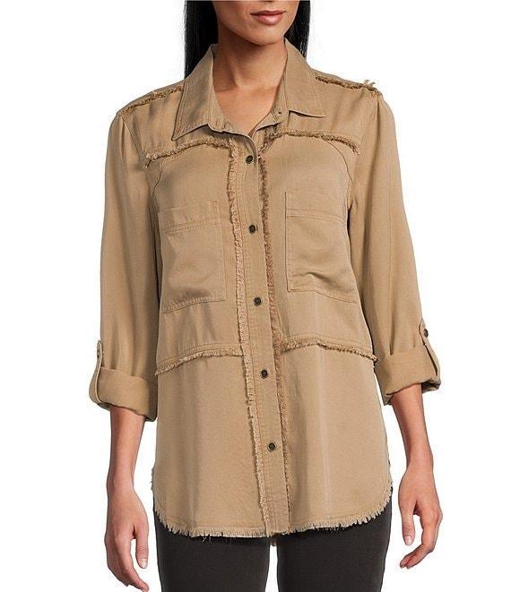 Multiples Lyocell Twill Point Collar Long Roll-Tab Sleeve Button-Front Fringed Shirt Product Image