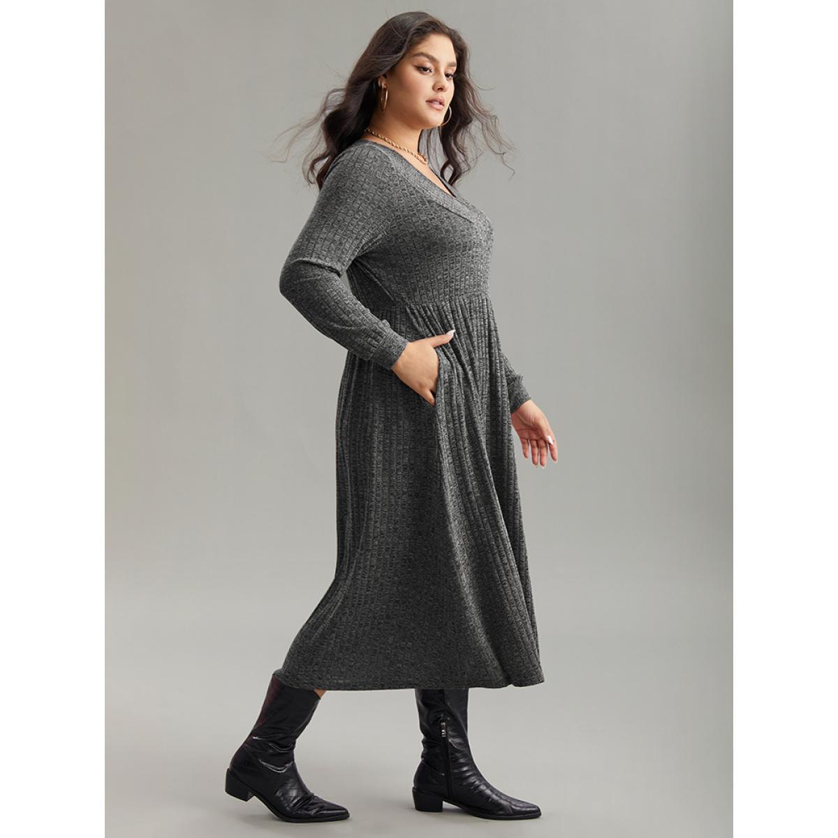 Plus Size Rib Knit Plain Plisse Long Sleeve Dress DarkGray Women Leisure Rib Knit V-neck Long Sleeve Curvy Midi Dress BloomChic 28/5X Product Image