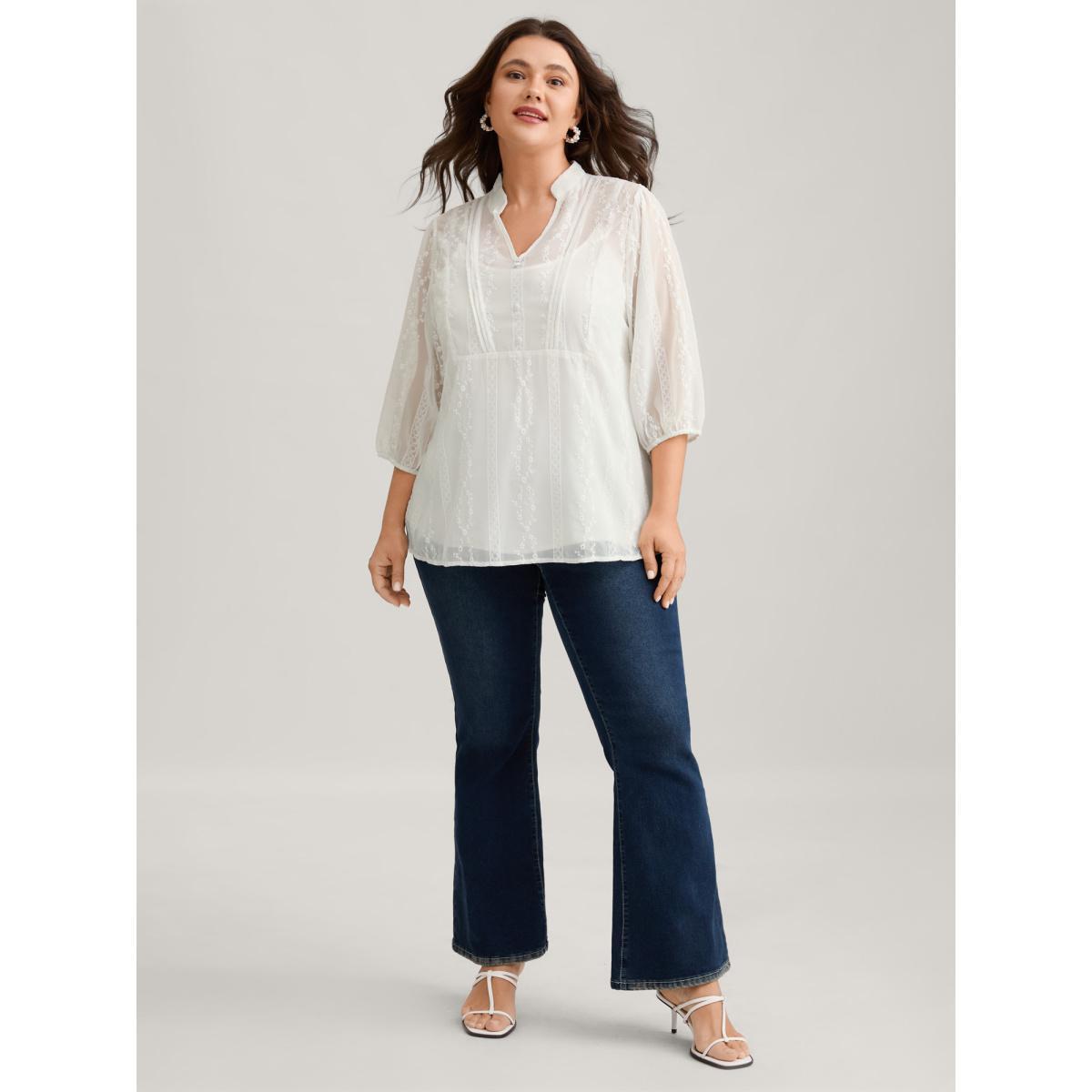 Plus Size Originalwhite Texture Mesh Button Detail Tucked Seam Blouse Women Timeless Elbow-length sleeve V-neck Elegant Blouses BloomChic 28/5X Product Image
