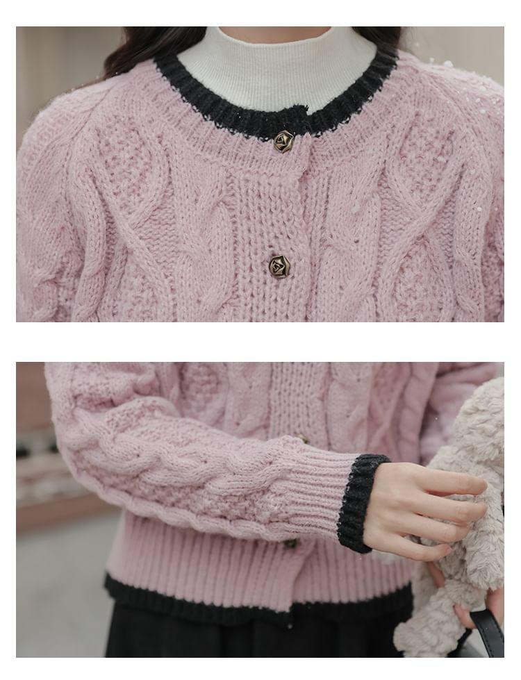 Round Neck Contrast Trim Cable Knit Cardigan Product Image