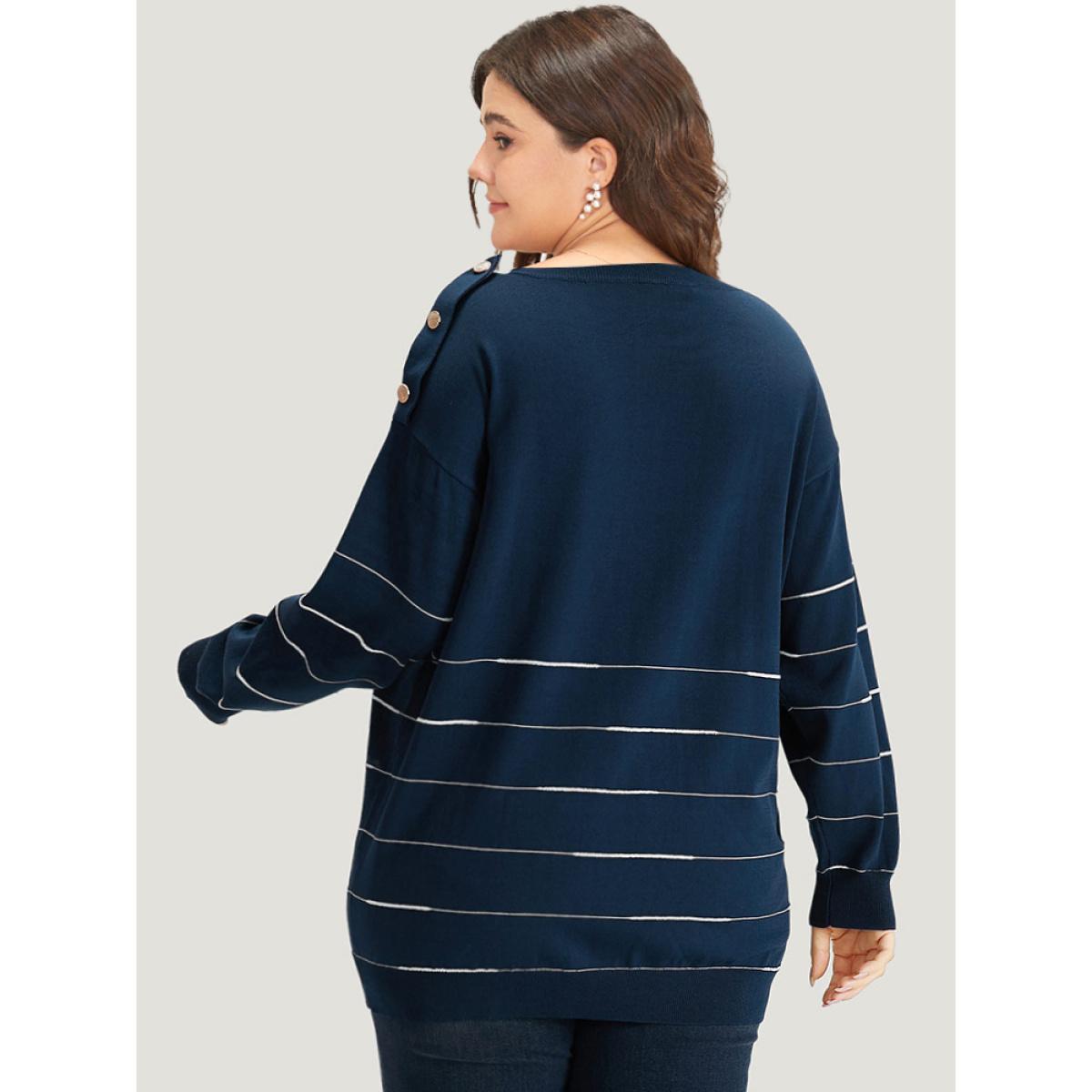Plus Size Striped Metal Button Detail Elastic Cuffs Pullover Navy Women Casual Loose Long Sleeve Round Neck Everyday Pullovers BloomChic 12/L Product Image