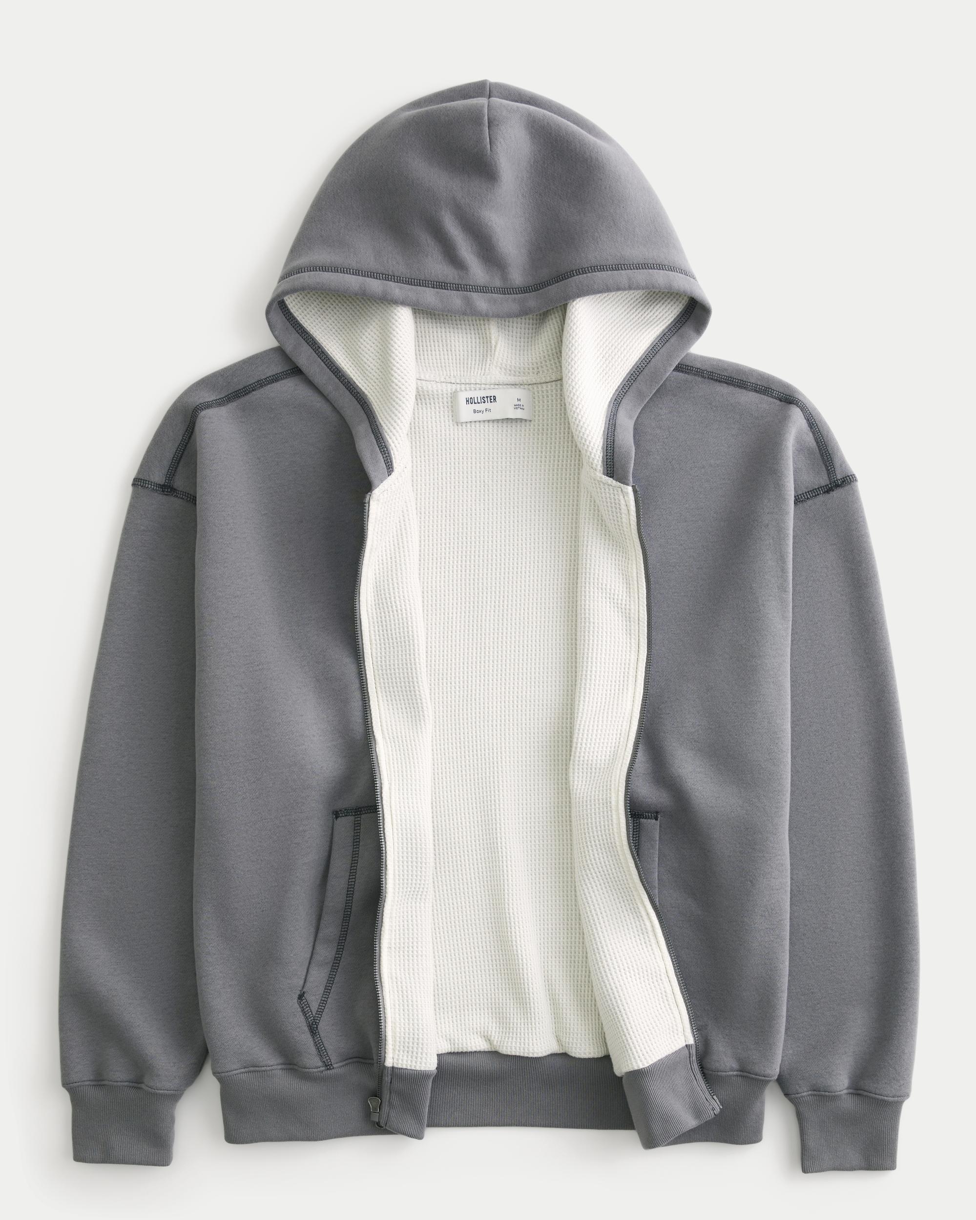 Boxy Waffle-Lined Zip-Up Hoodie Product Image