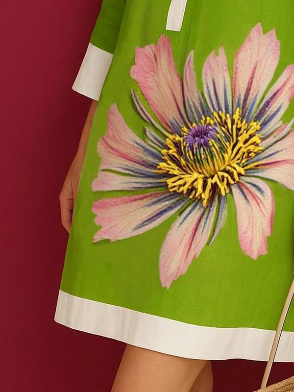 Loose Three-Quarter Sleeves Buttoned Contrast Color Flower Print Lapel Mini Dresses Product Image