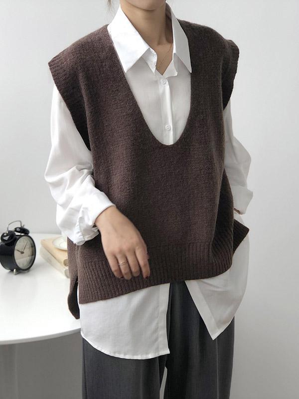 Knitting Irregularity Solid V-Neck Vest Product Image