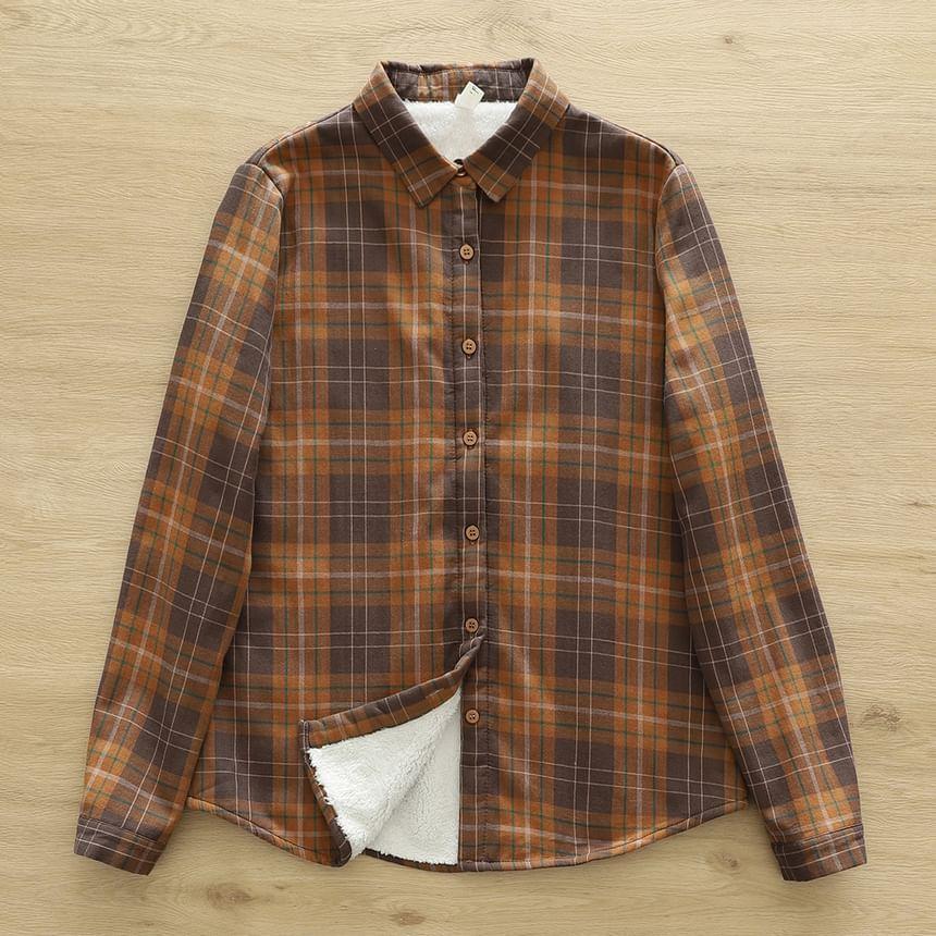 Long Sleeve Lapel Collar Plaid Button Shirt Product Image