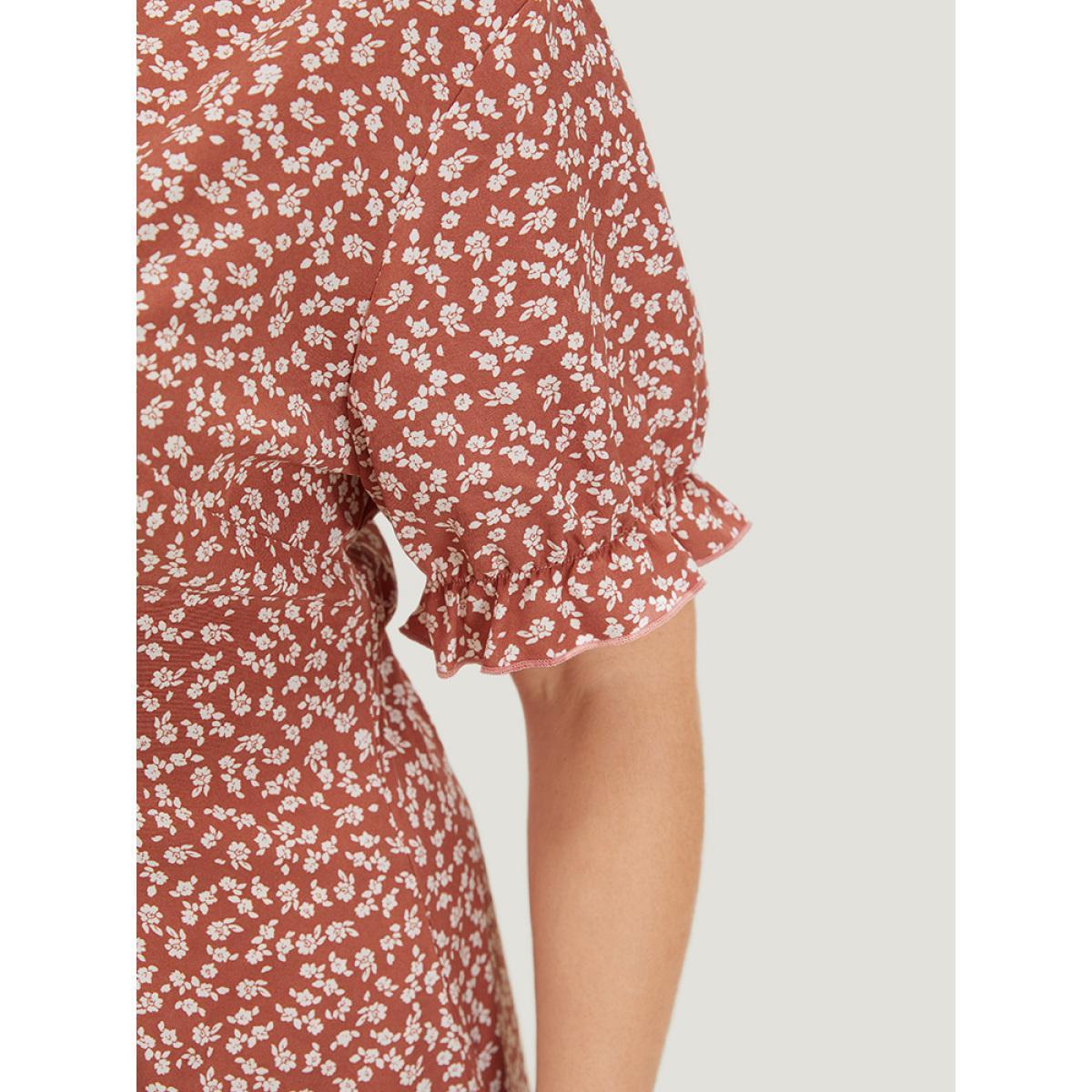 Plus Size Ditsy Floral Puff Sleeve Pocket Button Ruched Wrap Dress Russet Women Elegant Ruched V-neck Short sleeve Curvy Midi Dress BloomChic 18-20/2X Product Image