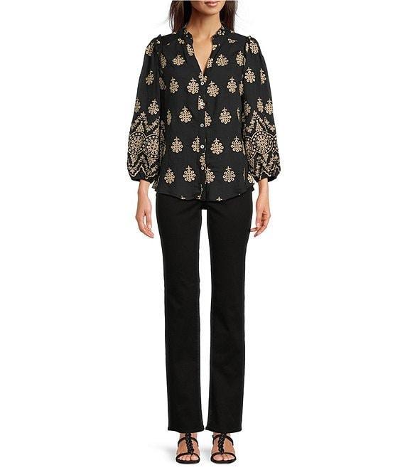 Calessa Petite Size Embroidered Medallion Split V-Neck Wrist Sleeve Button Front Tunic Product Image