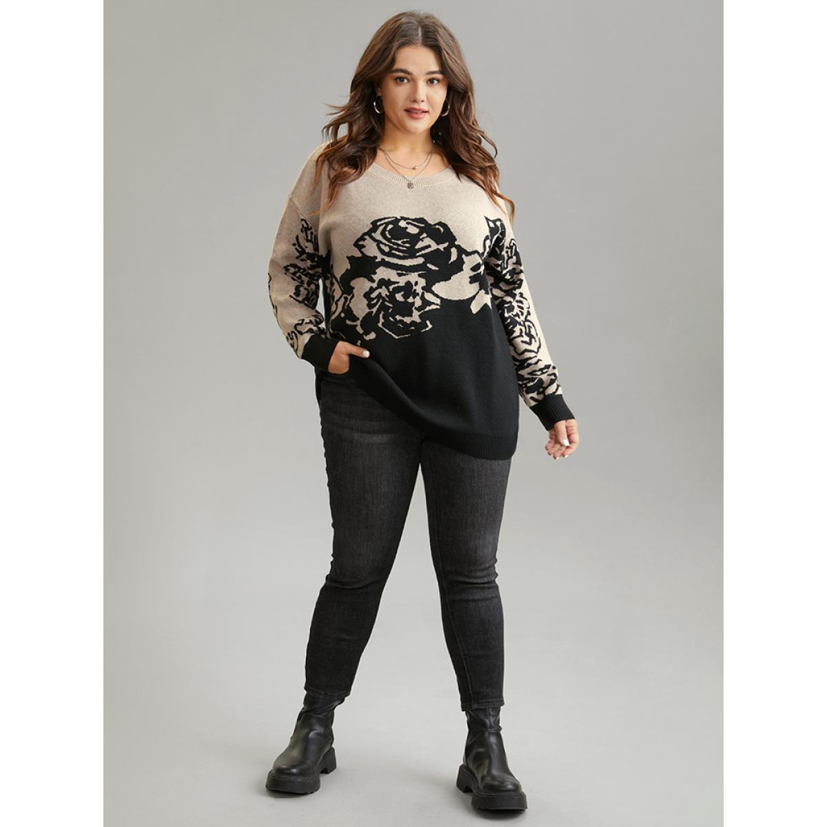 Plus Size Supersoft Essentials Rose Jacquard Contrast Pullover Black Women Casual Loose Long Sleeve Round Neck Dailywear Pullovers BloomChic 26/4X Product Image