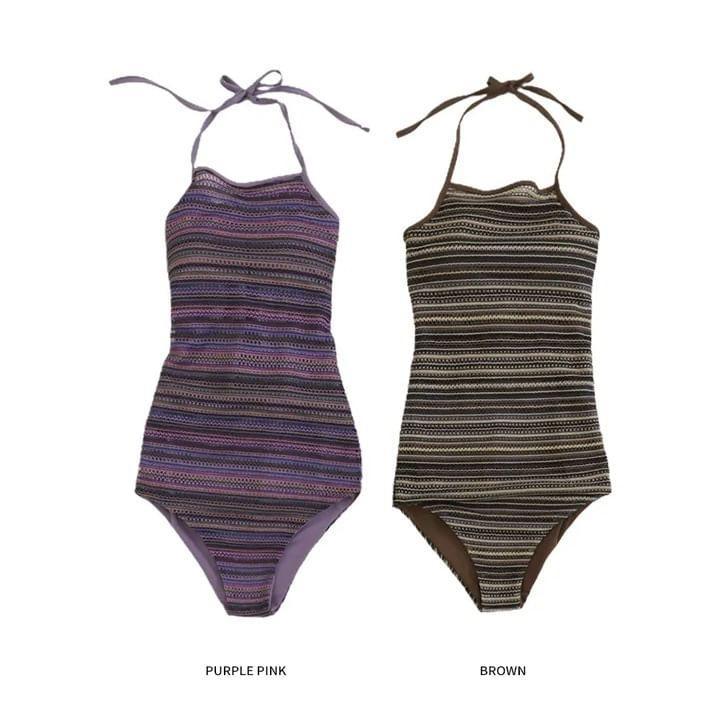 Halter Neck Striped Swimsuit Product Image