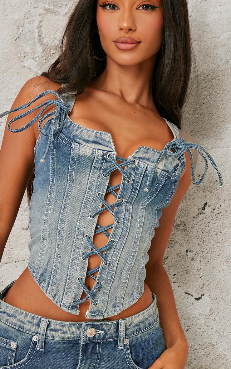 Petite Vintage Light Wash Denim Strappy Lace Up Corset Product Image