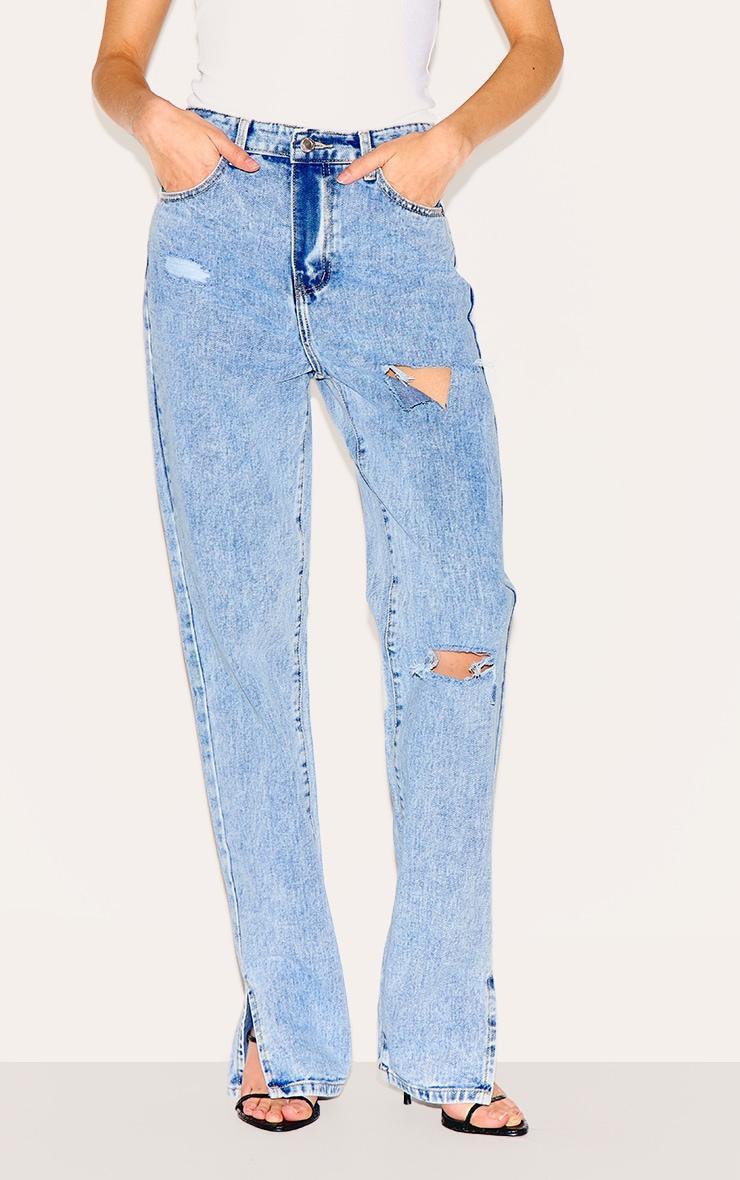 Ice Blue Ripped Split Hem Jeans Product Image