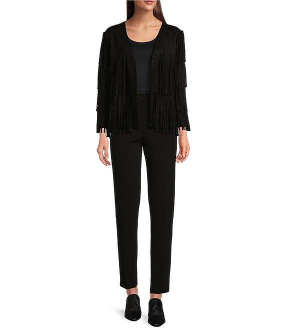 Ali Miles Stretch Suede Fringe Open Long Sleeve Jacket Product Image