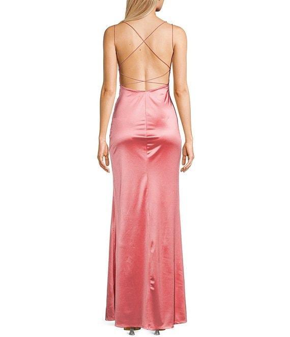 Honey and Rosie Double Strap Wrap Waist Side Slit Long Satin Gown Product Image