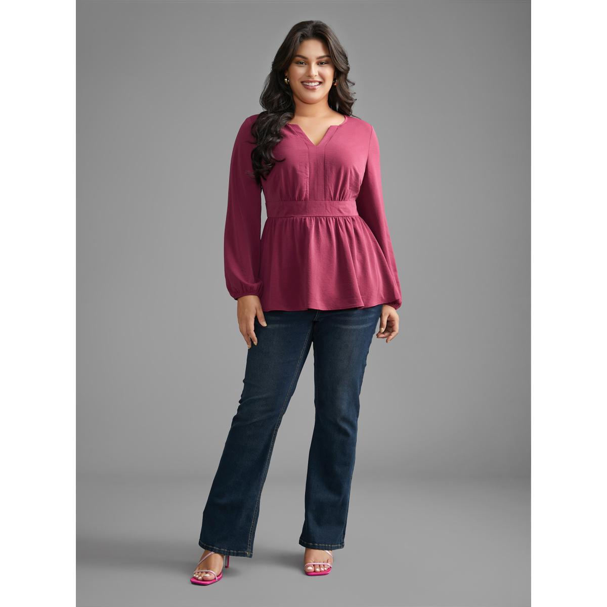 Plus Size RedViolet Notched Collar Gathered Lantern Sleeve Blouse Women Elegant Long Sleeve Notched collar Everyday Blouses BloomChic 22-24/3X Product Image