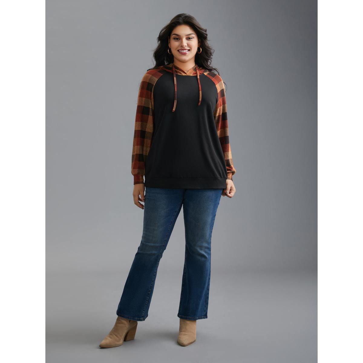 Plus Size Plaid Colorblock Contrast Hooded Drawstring Sweatshirt Women Black Casual Contrast Hooded Everyday Sweatshirts BloomChic 14-16/1X Product Image