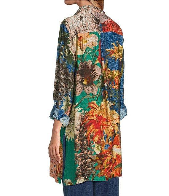 John Mark Large Multi Floral Print Point Collar Long Sleeve Roll Tab Button Up Tunic Product Image
