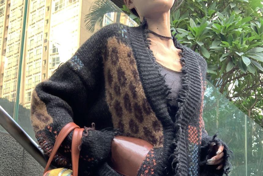 V-Neck Leopard Patterned Fringe Cardigan Product Image