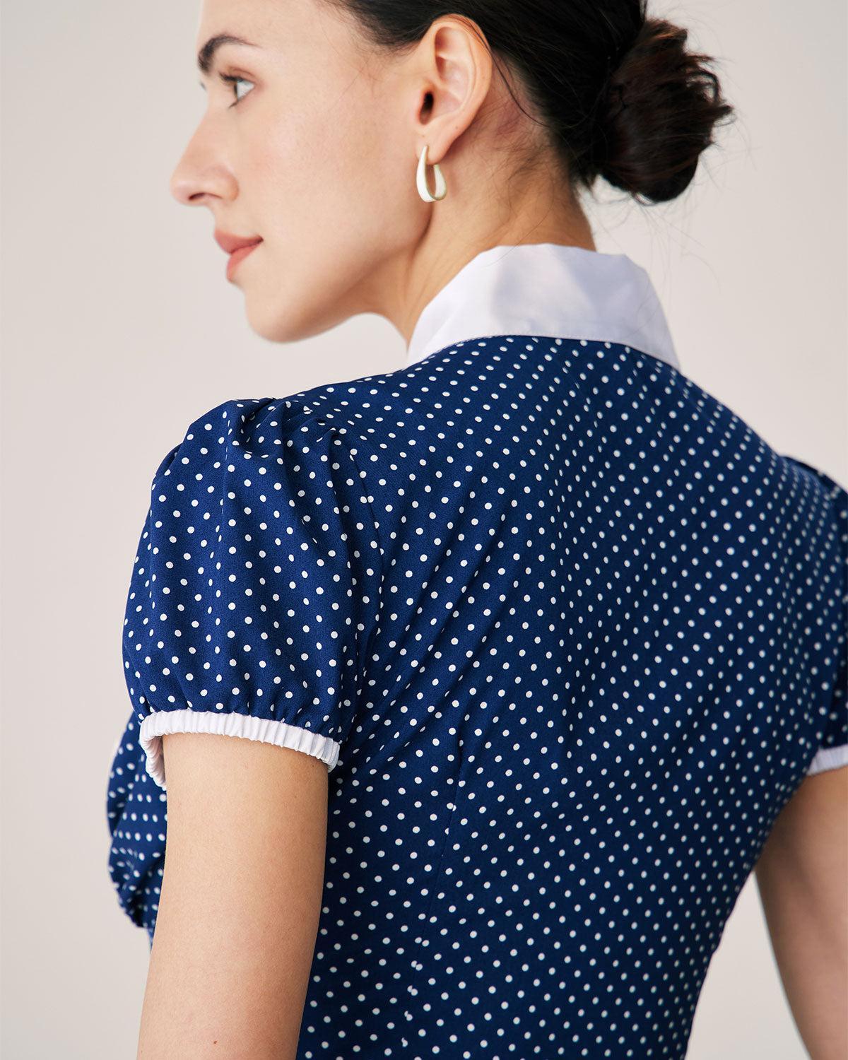 Blue Polka Dot Puffed Sleeve Blouse Product Image