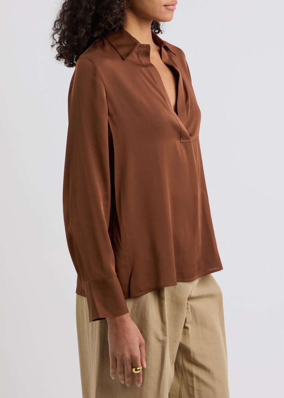 Long-sleeve Silk Pullover Polo Top In Brown Product Image