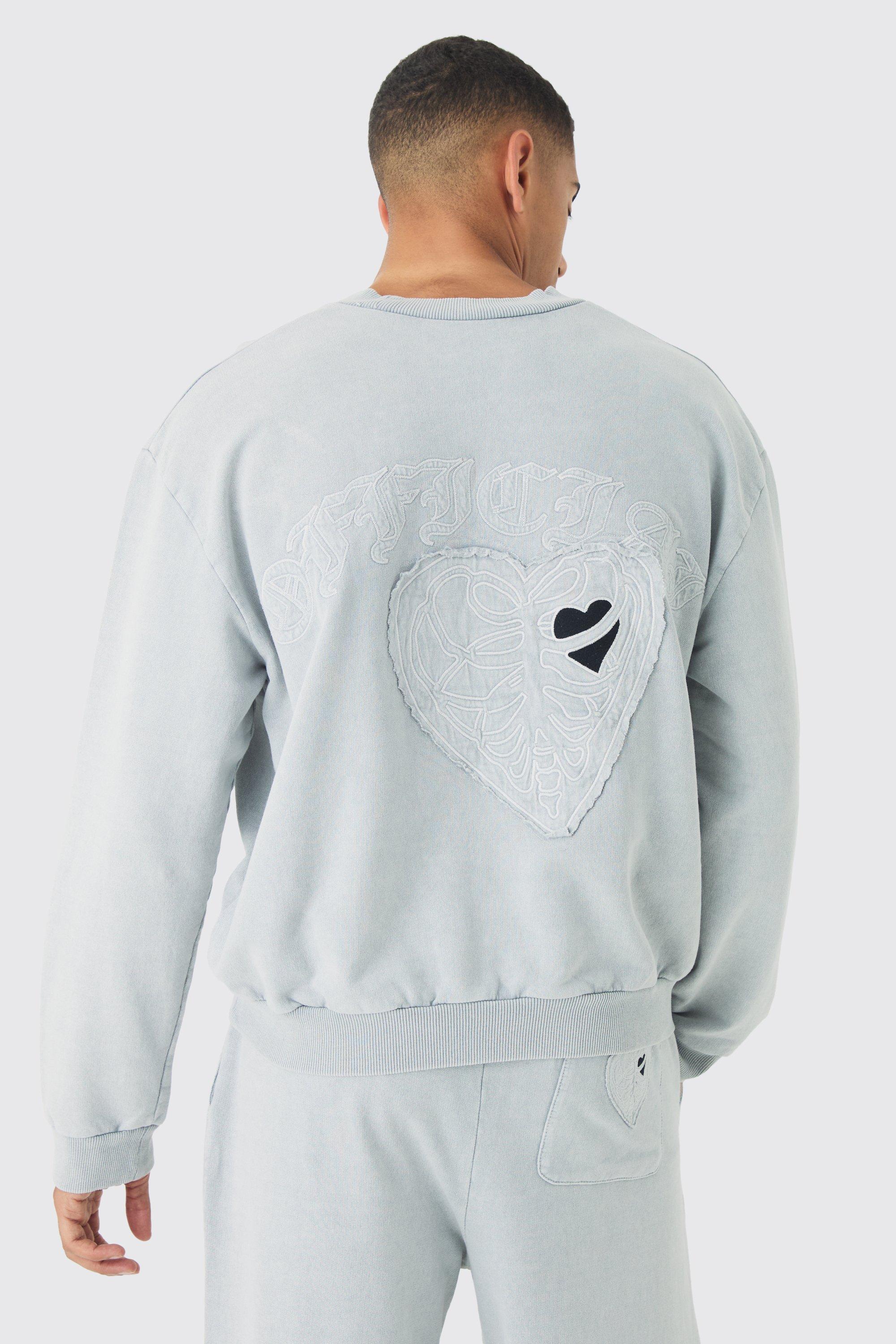 Oversized Boxy Washed and Applique Heart Sweatshirt | boohooMAN USA Product Image