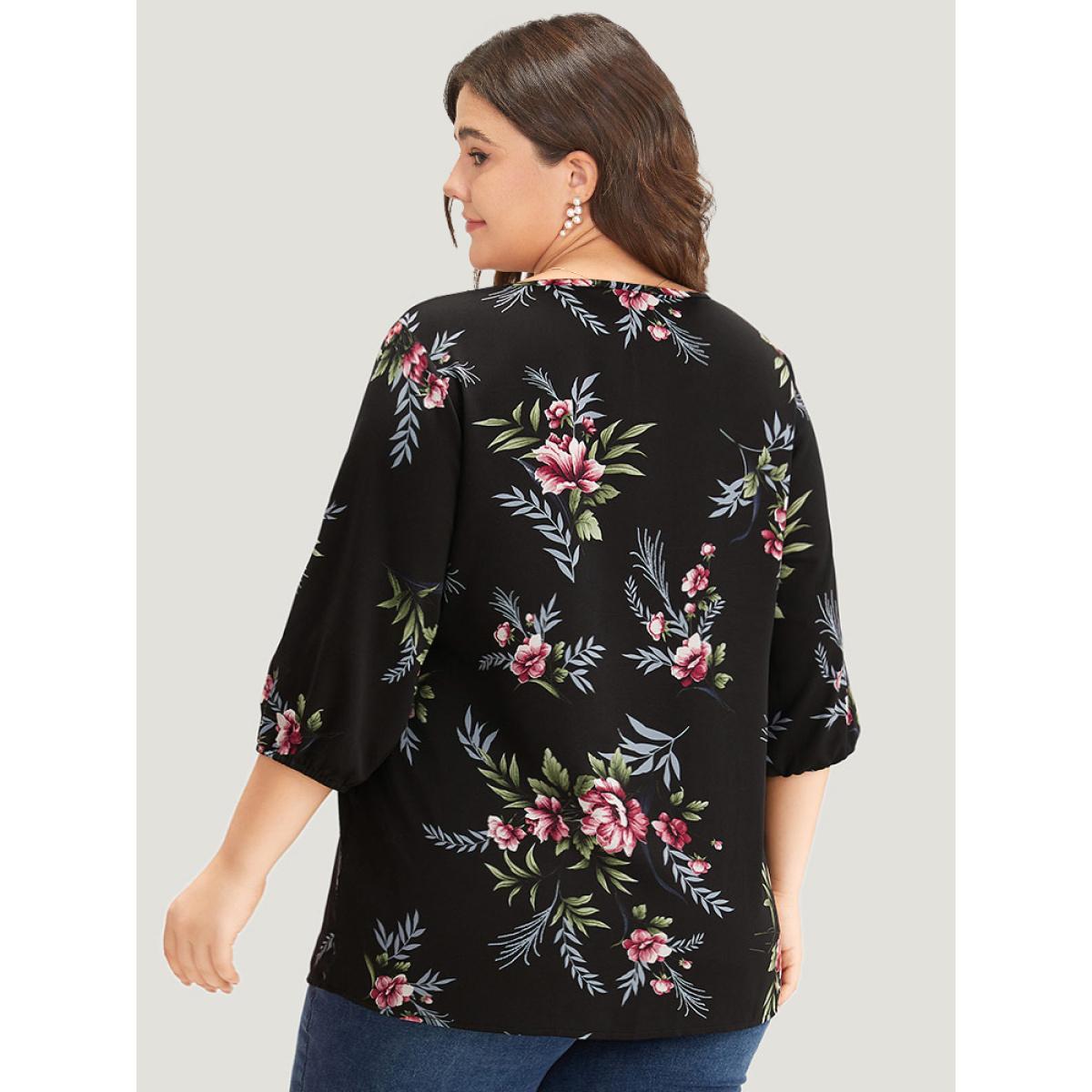 Plus Size Black Floral Print Lace Up Lantern Sleeve Blouse Women Elegant Half Sleeve V-neck Dailywear Blouses BloomChic 12/L Product Image