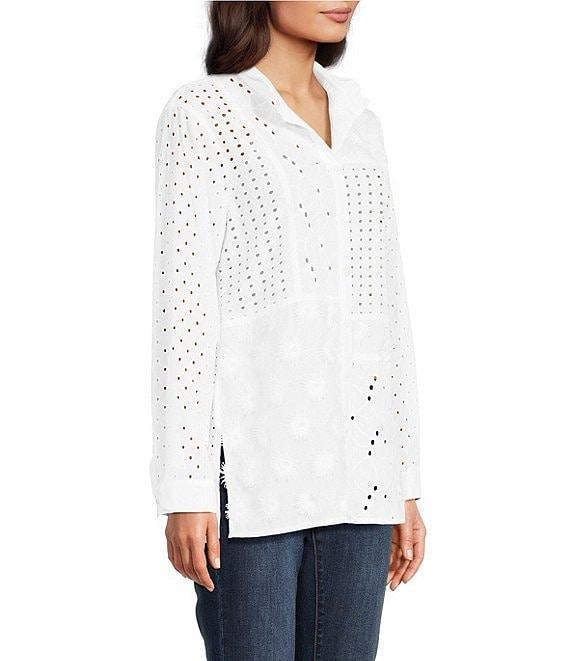 John Mark Allover Embroidered Eyelet Wire Neck Long Roll-Tab Sleeve Button Front Blouse Product Image