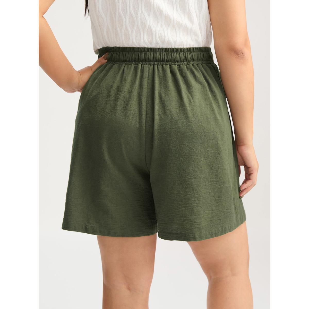 Plus Size Cotton Drawstring Waist Straight-Leg Shorts Women ArmyGreen Boho Drawstring Straight Leg Vacation Shorts BloomChic 26/4X Product Image