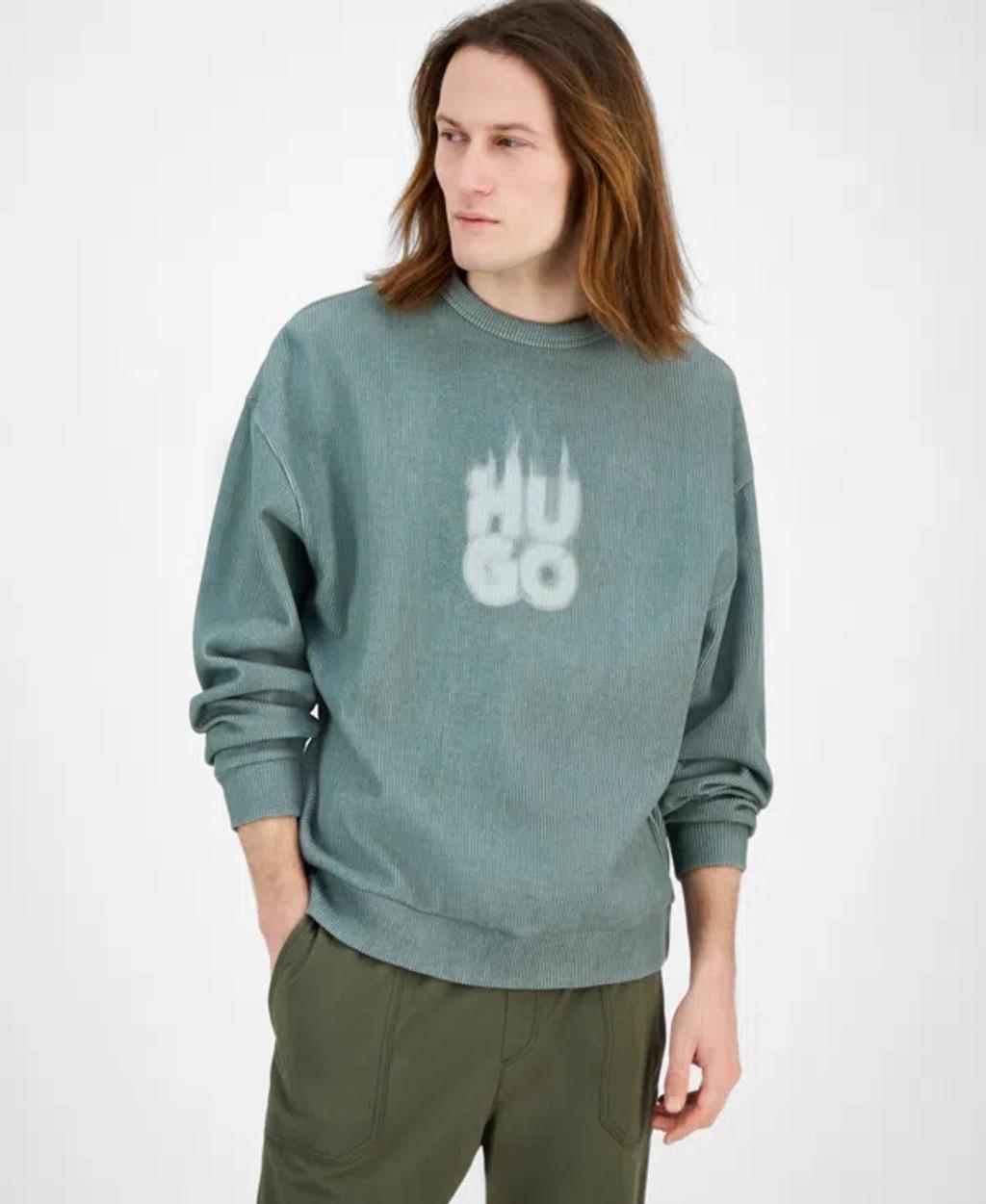 HUGO BOSS Men's Dinkam Oversized Fit Long Sleeve Ribbed Logo Sweatshirt In Green Product Image