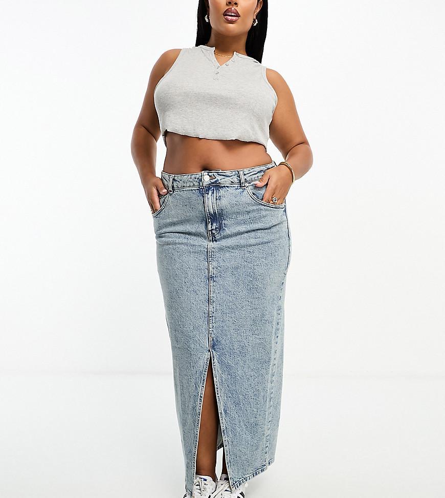 ASOS DESIGN Curve denim midi skirt with split hem Product Image