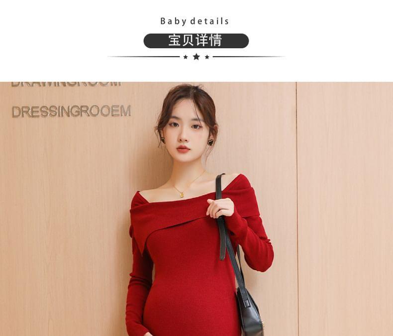 Maternity Long-Sleeve Square Neck Plain Midi Sheath Dress Product Image