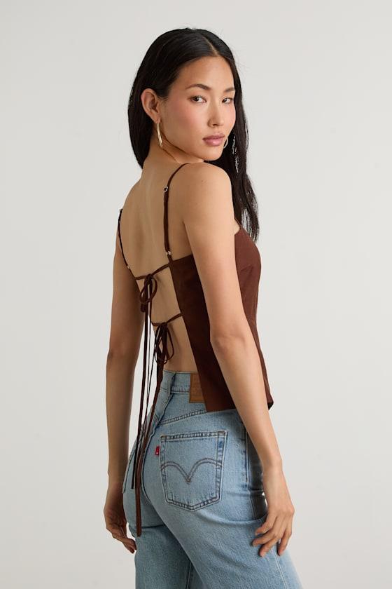 Wrynn Chocolate Brown Linen Tie-Back Tank Top Product Image