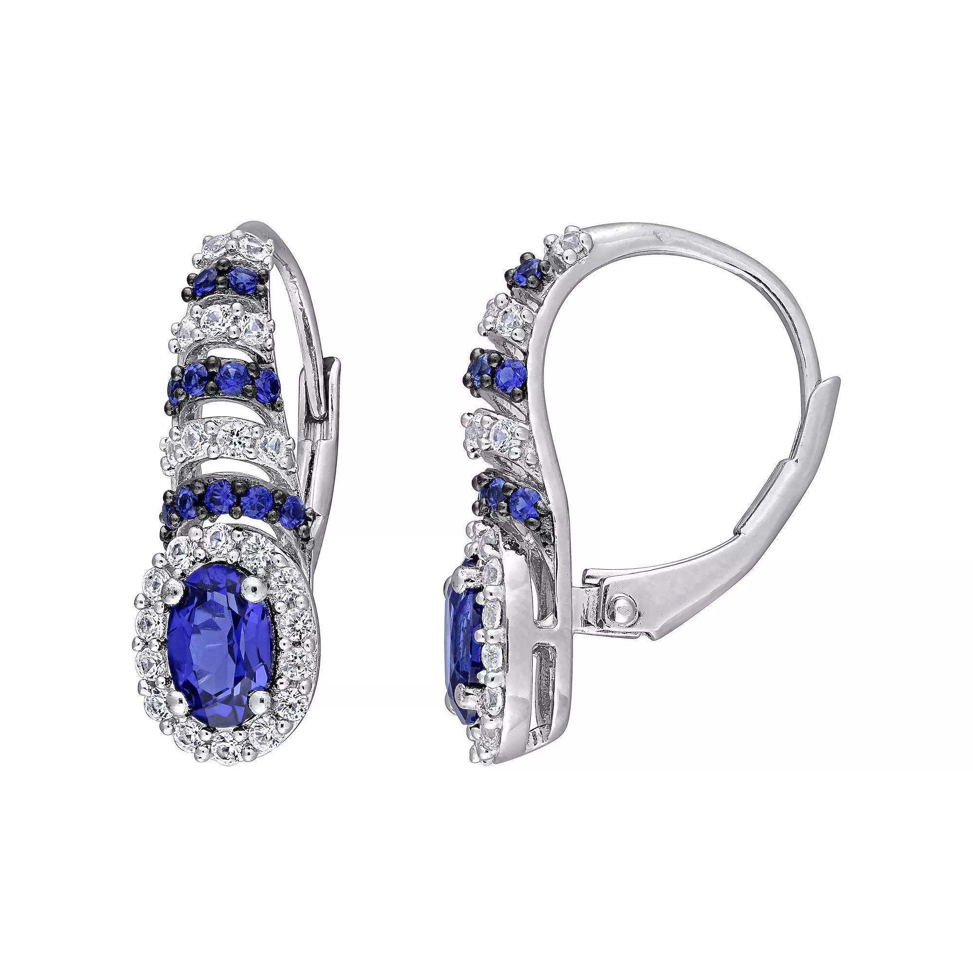 Stella Grace Sterling Silver Lab-Created Blue & White Sapphire Oval Leverback Earrings, Women's Product Image