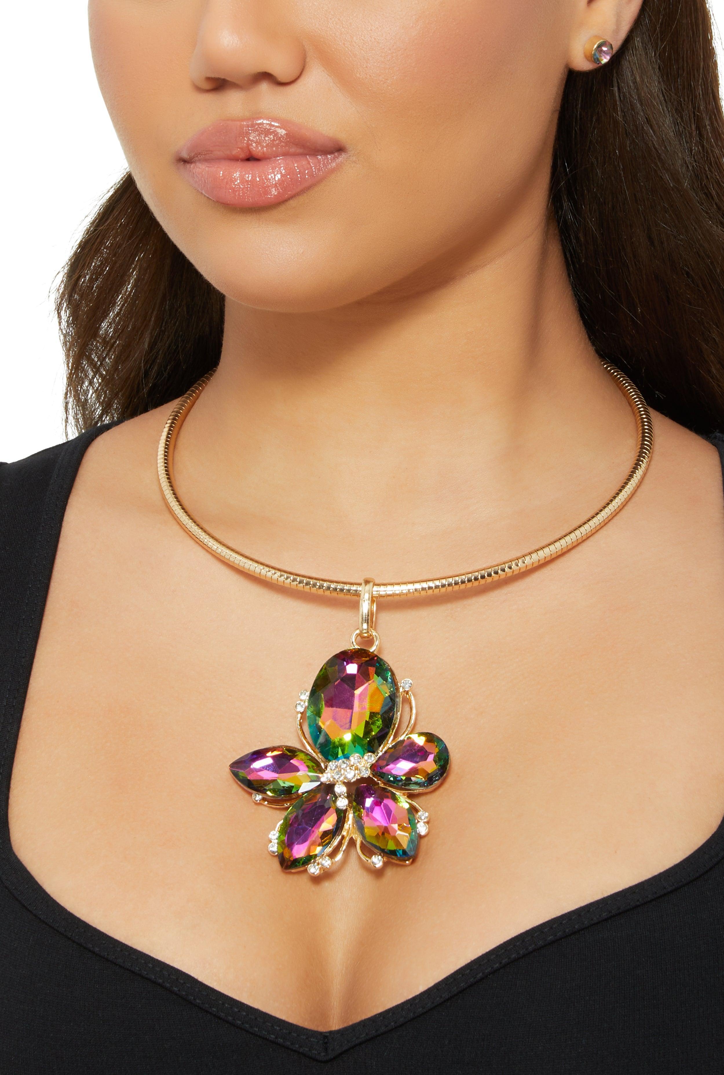 Rhinestone Flower Statement Necklace and Earrings Set Female Product Image