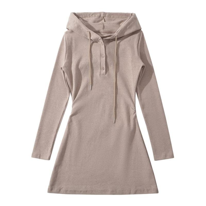 Long Sleeve Hooded Plain Henley A-Line Mini Dress Product Image