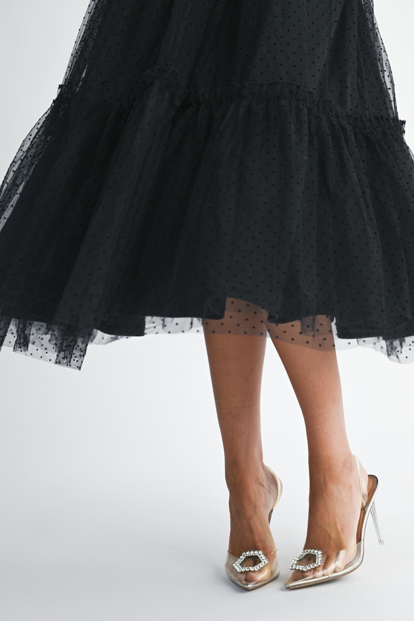 Polka Dot Mesh Tie Shoulder Midi Dress Product Image