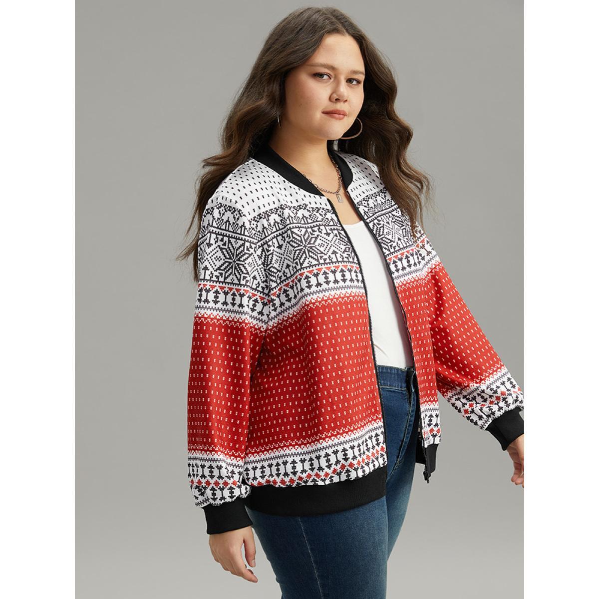 Plus Size Christmas Patchwork Zipper Contrast Jacket Women Red Elastic cuffs Dailywear Jackets BloomChic 12/L Product Image