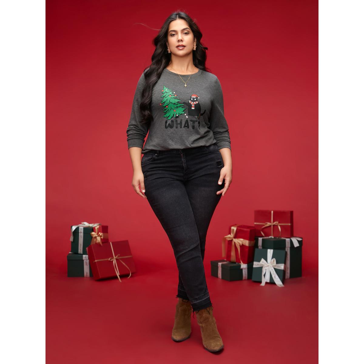 Plus Size Festive Cat And Tree Printed Slim-Fit Tee DimGray Women Casual Non Christmas Round Neck Everyday T-shirts BloomChic 14-16/1X Product Image