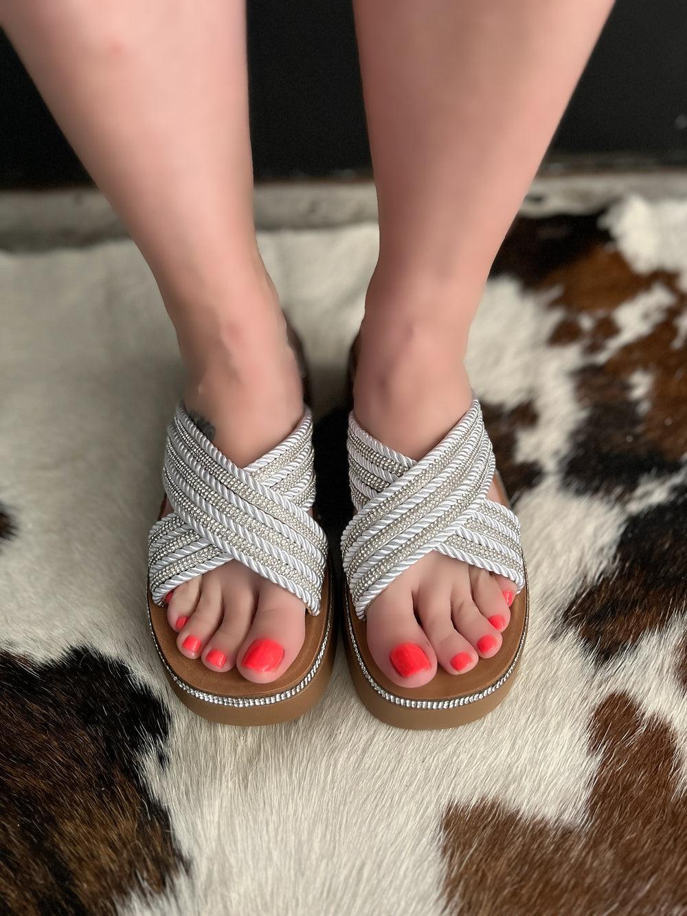 White Rhinestone Crisscross Platform Sandals Product Image