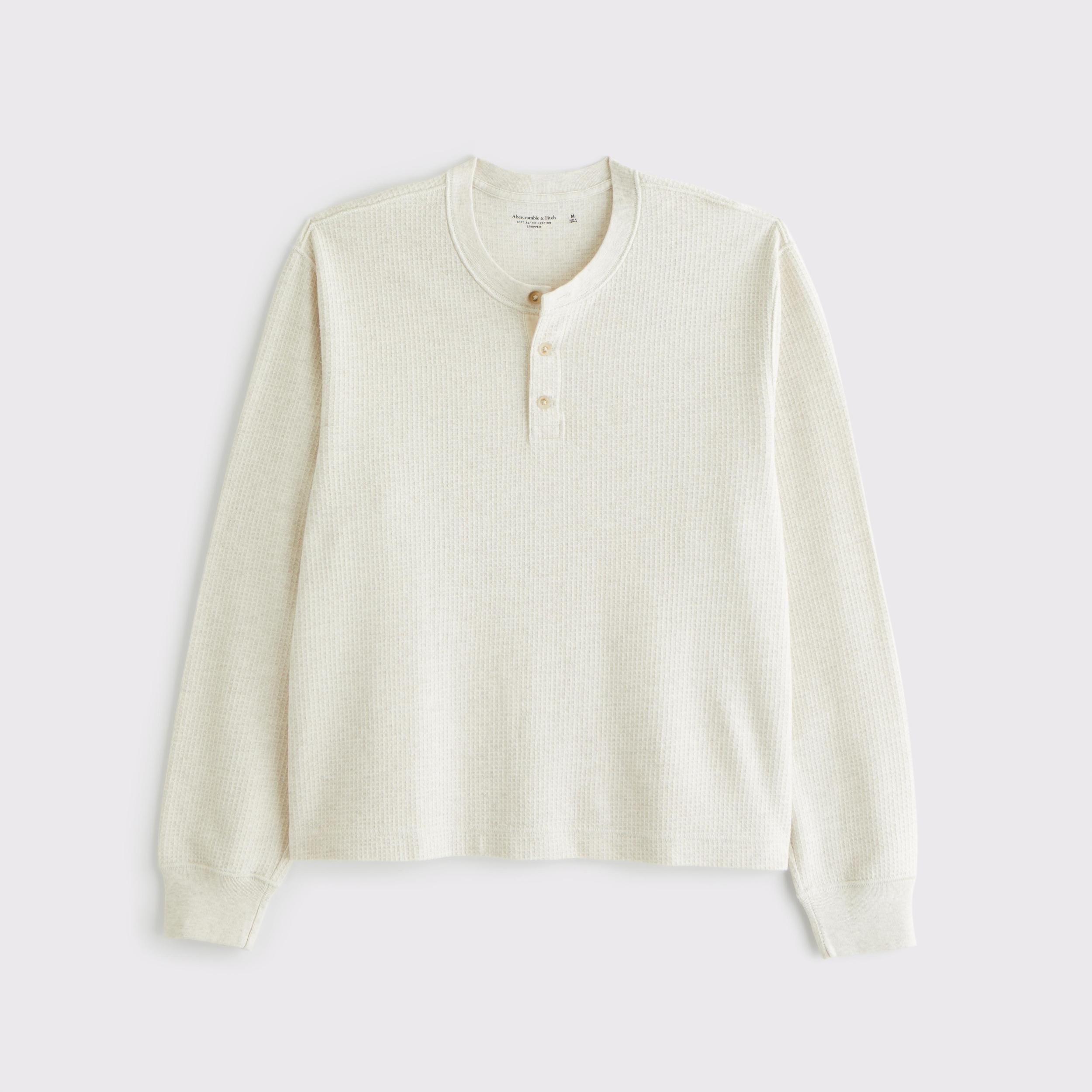 Long-Sleeve Grid Waffle Cropped Henley Product Image