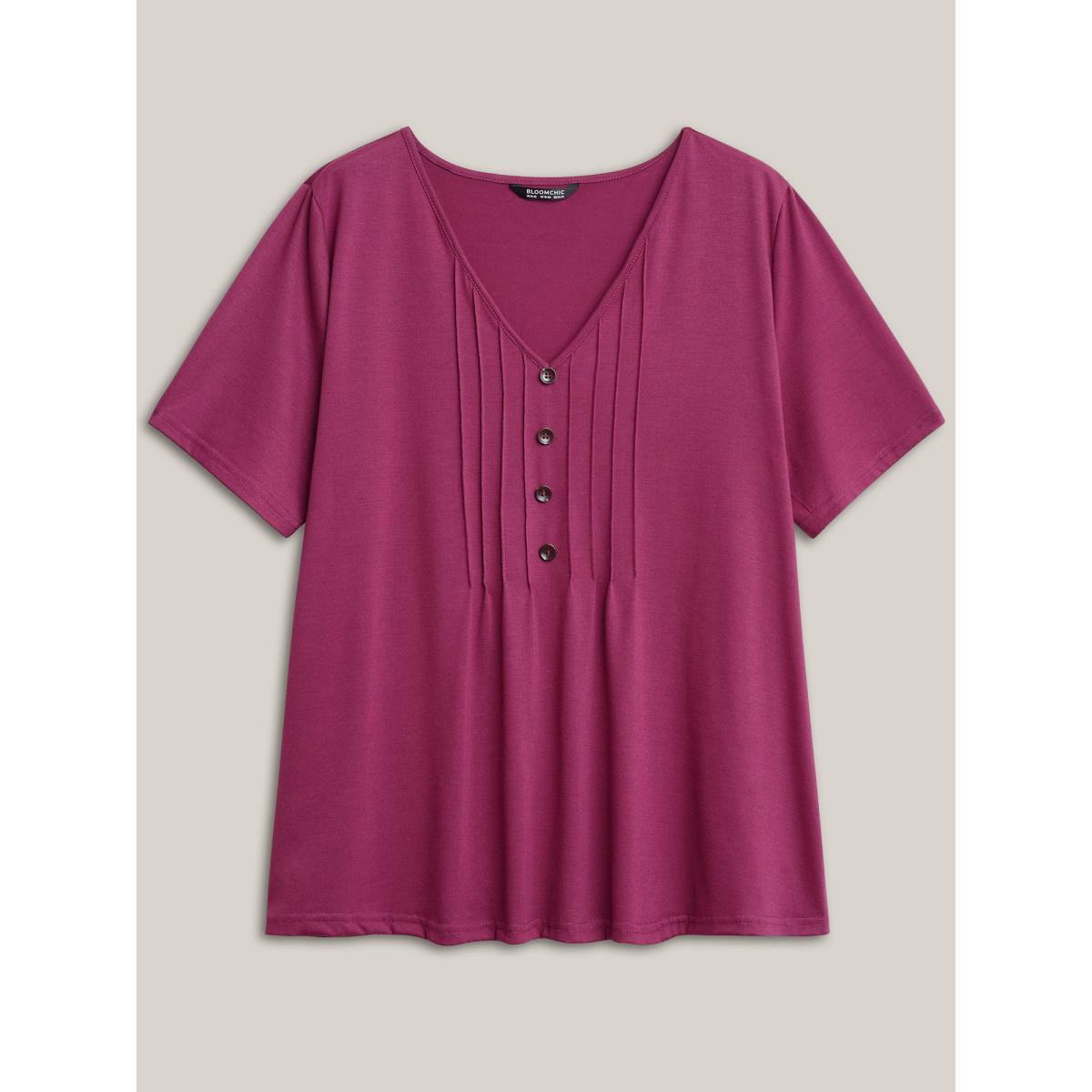 Plus Size Solid Pleated Front Button Detail V Neck T-shirt RedViolet Women Casual Button Plain Everyday T-shirts BloomChic 18-20/2X Product Image