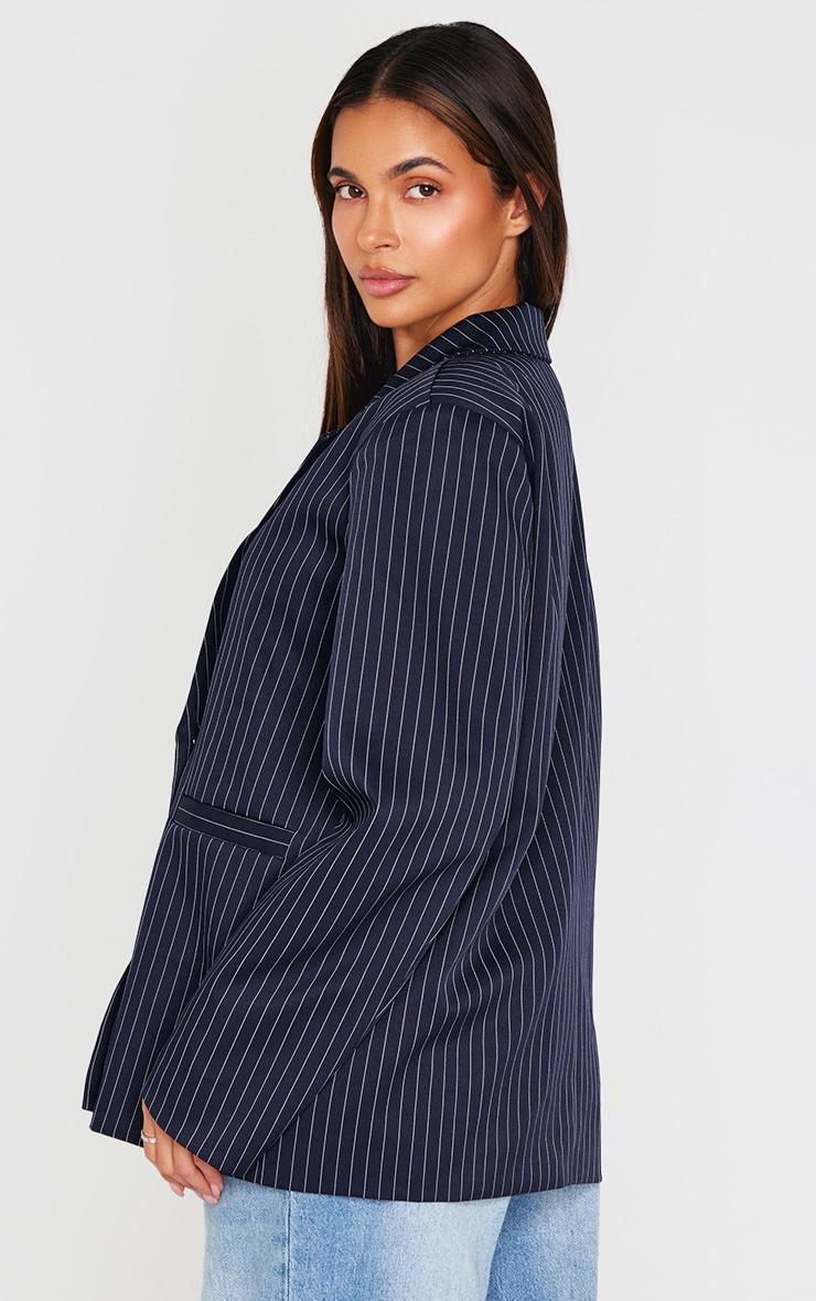 Dark Blue Pinstripe Double Breasted Oversized Blazer Product Image