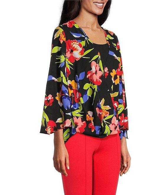 Slim Factor by Investments Spring Bloom Print 3/4 Flare Sleeve Scoop Neck Crossover Top Product Image