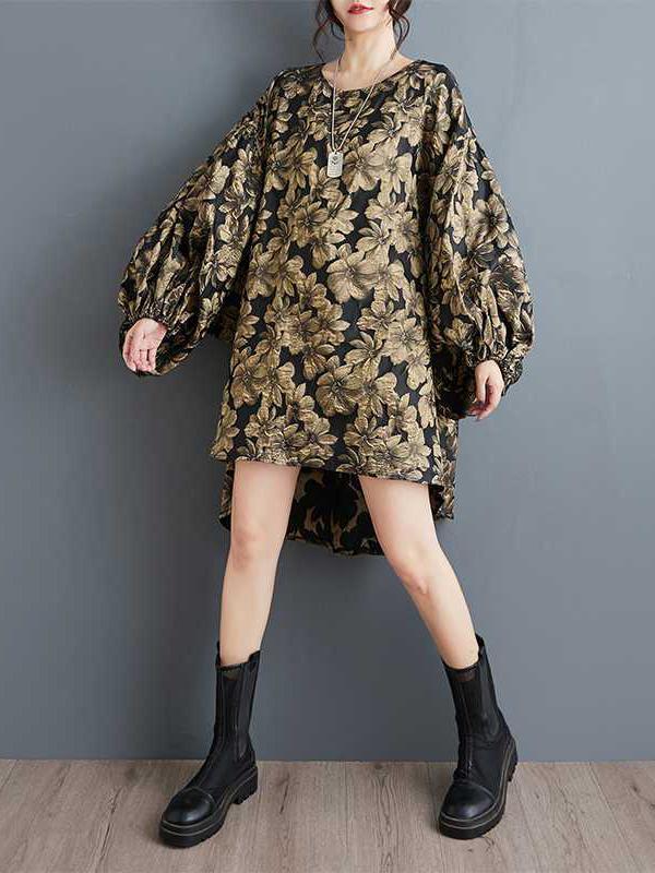 A-Line High-Low Elasticity Flower Print Jacquard Round-Neck Midi Dresses Product Image