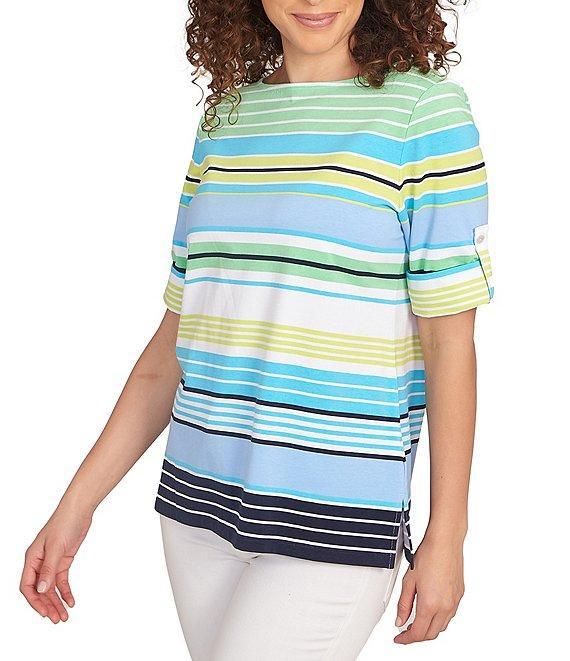 Ruby Rd. Knit Multi Stripe Boat Neck Short Roll-Tab Sleeve Top Product Image