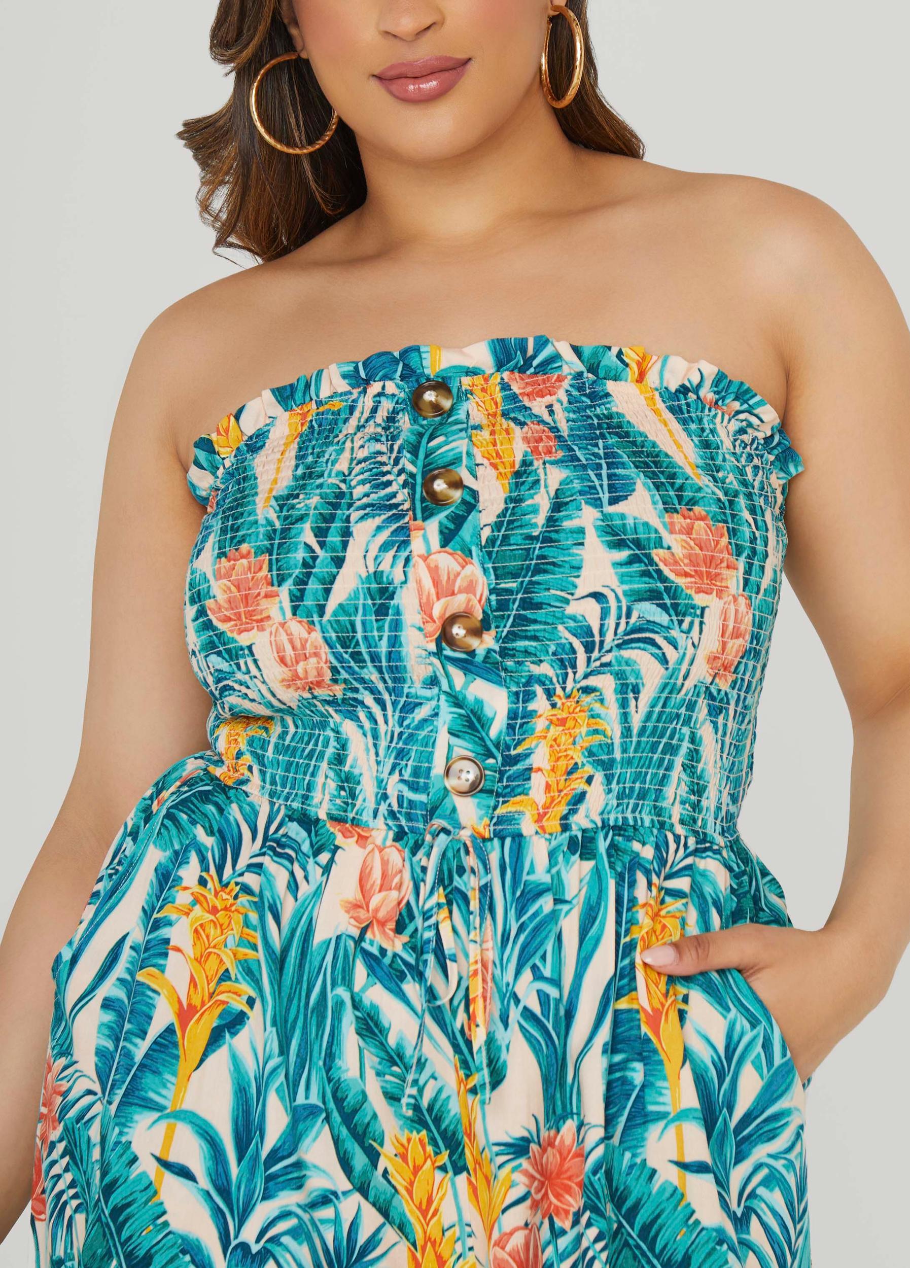 Plus Size Strapless Tropical Print Romper Ashley Stewart Product Image