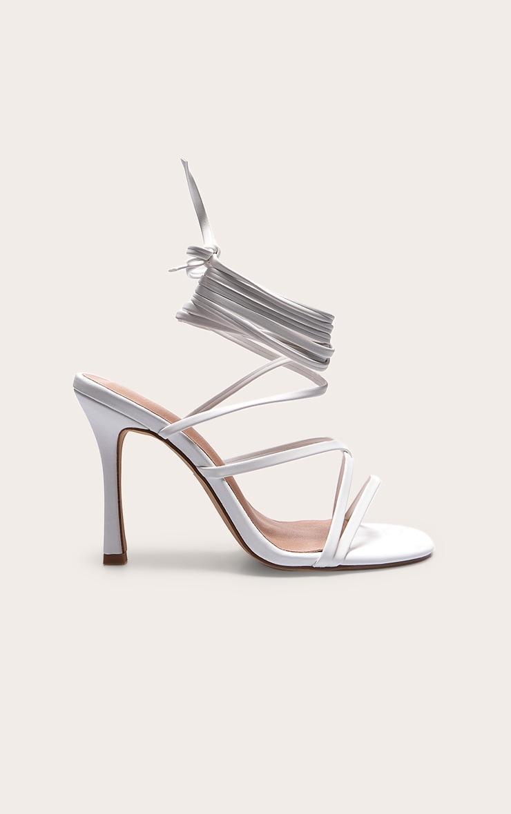 White Wide Fit PU Square Toe Strappy Lace Up Heeled Sandals Product Image