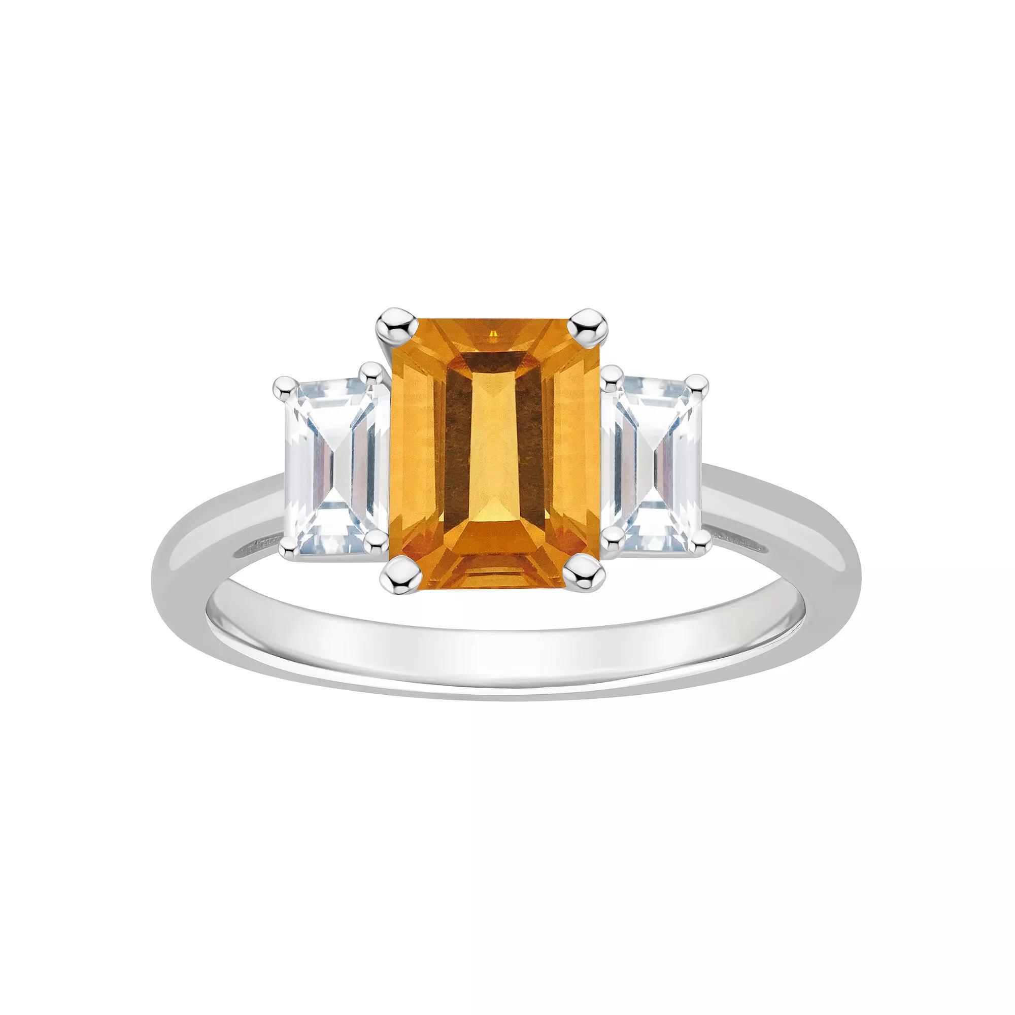 Alyson Layne Sterling Silver 8 mm x 6 mm Emerald Cut Gemstone & White Topaz Three-Stone Ring, Women's, Size: 10, Citrine Product Image